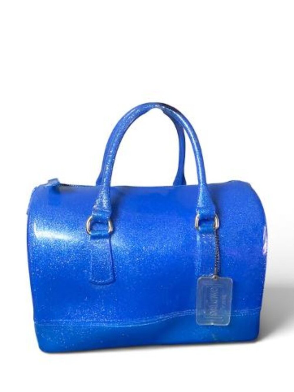 FURLA Candy Bag Blue Patent Jelly PVC Satchel Top Handle, Zip Closure W BAGCHARM